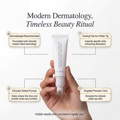 Cooling retinol eye roller angled studio shot

Arcalo CryoRetin™ eye serum texture on white background

Flat disc roller touching under-eye skin model

Under-eye retinol treatment with smooth glide applicator